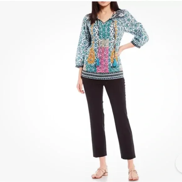 John Mark Boho Embroidered Floral 3/4 Sleeve Peasant Tunic Top Turquoise Small - Picture 15 of 15